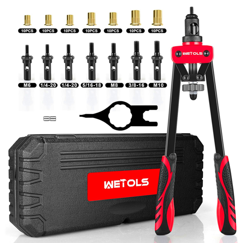 WETOLS Rivet Nut Tool Kit, 14-Inch Rivnut Tool with 7 Metric and SAE Mandrels, Professional Hand Riveter with 70Pcs Rivnuts Assortment Kit, Manual Rivet Nut Gun with Rugged BMC Case