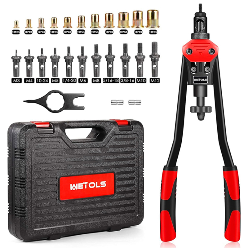 WETOLS 16" Rivet Nut Tool, Professional Rivet Nut Tool Kit with 11 Metric & Inch Mandrels M3 M4 M5 M6 M8 M10 M12, 10-24, 1/4-20, 5/16-18, 3/8-16, 110pcs Rivnuts and Blow Carry Case - WE-889
