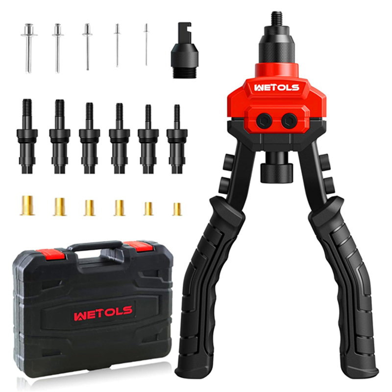 WETOLS 3 in 1 Rivet Nut Tool, Rivet Gun, Reamer Set, Professional Rivet Gun Kit with 5 Rivet Heads and 6 Metric & SAE Mandrels, Hand Riveter Tool with 50 Rivets and 60 Rivet Nuts, Sturdy Case