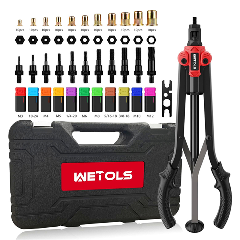WETOLS 17" Rivet Nut Tool, Hand Rivet Tool Kit with 11 Metric & SAE Mandrels M3 M4 M5 M6 M8 M10 M12, 10-24, 1/4-20, 5/16-18, 3/8-16, 110pcs Rivnuts, Sturdy Case Packed, Auto Release Nut