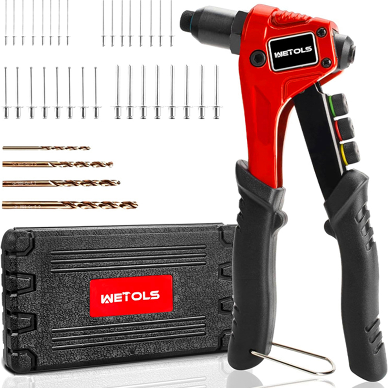 WETOLS Pop Rivet Gun Kit with 200 Blind Rivets, Upgraded Manual Single Hand Riveter with 4 Tool-Free Interchangeable Rivet Heads and 4 Drill Bits, Pop Rivet Tool Kit with Sturdy BMC Carrying Case